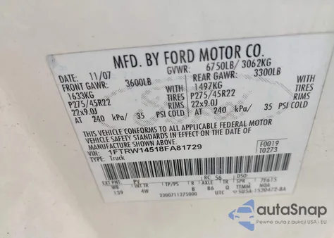 2008 Ford F-150 Limited z USA, uszkodzony, nr VIN 1FTRW14518FA81729